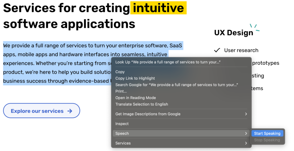 the menu that appears when you highlight text on a website and right-click it